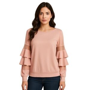 14th & Union Dusty Pink fancy sweatshirt with ruffled sleeves with mesh detail S